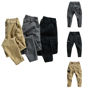 Vente chaude rétro Slim Fit Cargo pantalon hommes taille moyenne Style décontracté couleur unie taille élastique plat uni teint droit peigné - Product Image 4