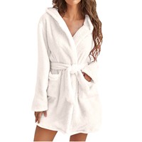 Peignoir en flanelle uni élégant grande taille pour femme, doux et chaud, avec cordon de serrage, en polaire épaisse, longueur genou, à capuche