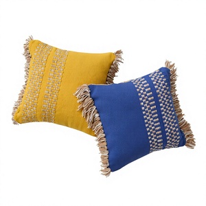 Bohemian Woven Wool Square Throw <b>Pillow</b> Non-Toxic Striped Blue Yellow Fringe Decorative Cushion Cover Removable Washable Zipper - Product Image 1