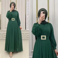 Robe musulmane pour femme de Dubaï, manches longues, col rond, couleur unie, en mousseline de soie, Abya avec ceinture