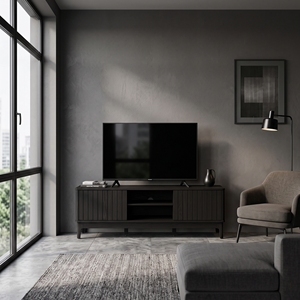 Meuble TV moderne noir avec portes à nervures et étagères ouvertes pour salon - Product Image 3