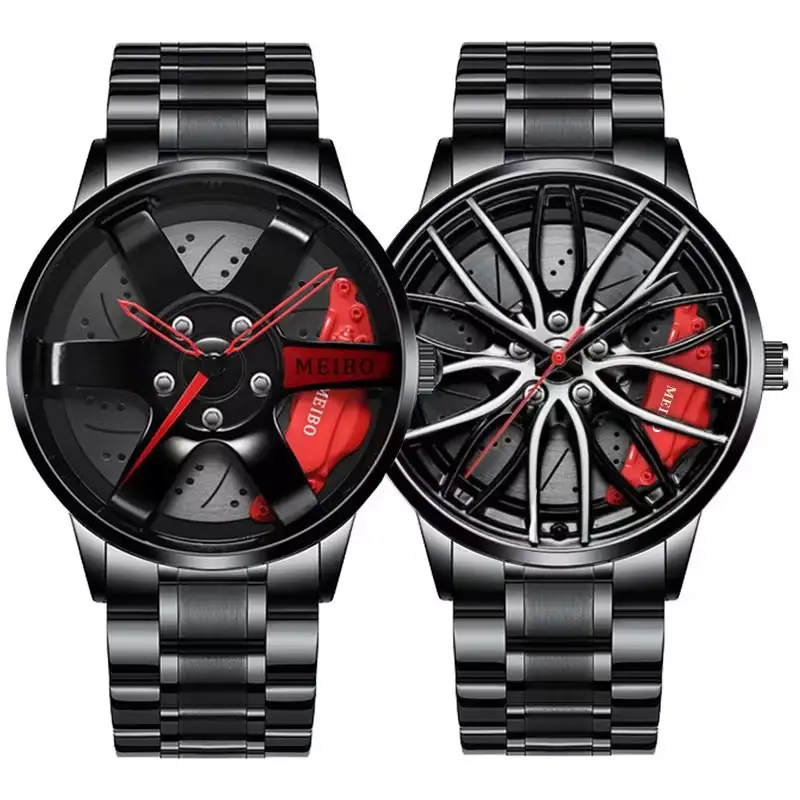 2024 Mode Sportwagen schwarz Radnabe Armbanduhr Design-Uhr Herrenuhren Edelstahl Auto Quarz-Glas-Herrenuhr