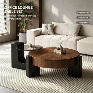 Modern Nesting Coffee <b>Table</b> Set Round Walnut Color Wood Top with Storage Drawer <b>Glass</b> <b>Side</b> for Living Room - Product Image 1