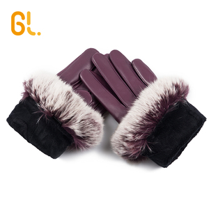GL50 şarap kırmızı moda kürk süsleyin bayanlar toptan elbise özel kuzu derisi deri kış eldiven kadın - Product Image 5