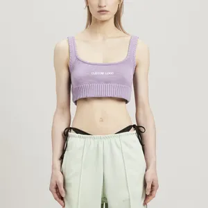 Camiseta sin mangas de punto acanalada para mujer con logotipo bordado personalizado al por mayor