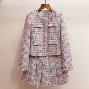 Primavera e autunno girocollo in <span class=keywords><strong>Tweed</strong></span> lana elegante tinta unita manica lunga con borchie di diamanti + gonna a-linea plissettata abito da donna - Product Image 1