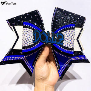 Lazos de Animadoras Personalizados con Logotipo, de Alta Calidad, Triple Threat, en Verde Neón, Rosa y Azul Rey, Lazos Grandes con Cola Completamente Decorada con Pedrerí<span class=keywords><strong>a</strong></span> - Product Image 4