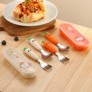 Juego de tenedor y cuchara para niños de acero inoxidable 304, tenedor y cuchara bonitos, cuchara para puré de zanahoria, vajilla para alimentos complementarios para bebés - Product Image 2