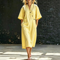 Robe midi décontractée d'été 2026 pour femme en mélange de lin, style bohème, col en V, boutonnée, anti-plis