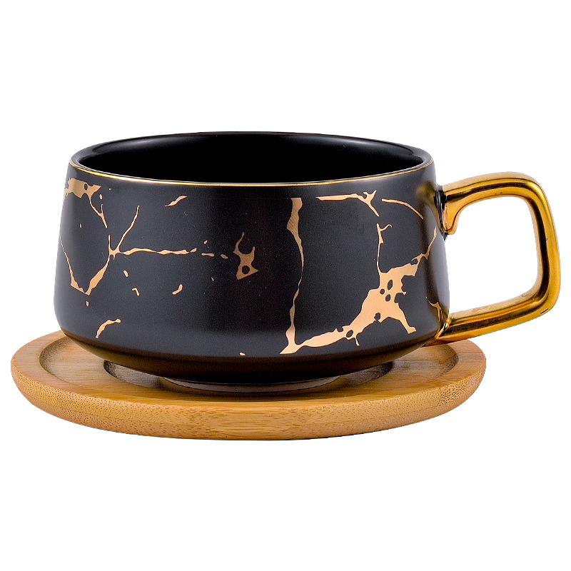 Tazza Da Caffè In Ceramica Con Coperchio In Legno E Cucchiaio Dorato – 400 Ml, Grande, Per Ufficio E Casa, Colore Blu