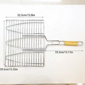 Non Stick Outdoor Opvouwbare Bbq Barbecue Triple Vis Grillen Mand Rack Met Houten Handvat