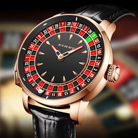 Montre mécanique pour homme PINDU Players Gambling Series, cadran de jeu de roulette européenne et de poker, mouvement automatique, acier inoxydable, cuir