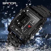 Jam Tangan Pria Sanda 3328 Elektronik Dial Persegi Bahan Stainless Steel Layar Ganda Analog Quartz LED Tali Silikon Tahan Air Lampu Belakang