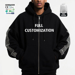 Felpa oversize a tracolla da <span class=keywords><strong>uomo</strong></span> in <span class=keywords><strong>pile</strong></span> larga di cotone pesante 500gsm <span class=keywords><strong>con</strong></span> <span class=keywords><strong>Zip</strong></span> e strass personalizzabili per l'autunno - Product Image 1