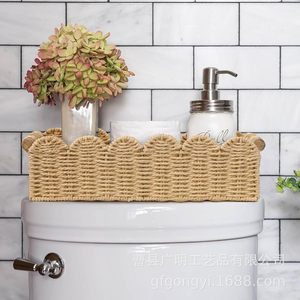 Woven <b>Storage</b> <b>Basket</b> Rectangle Fan Shaped Edge With Handles Handmade For Desktop Toy Snack Organizer Beige Brown Gray White - Product Image 4