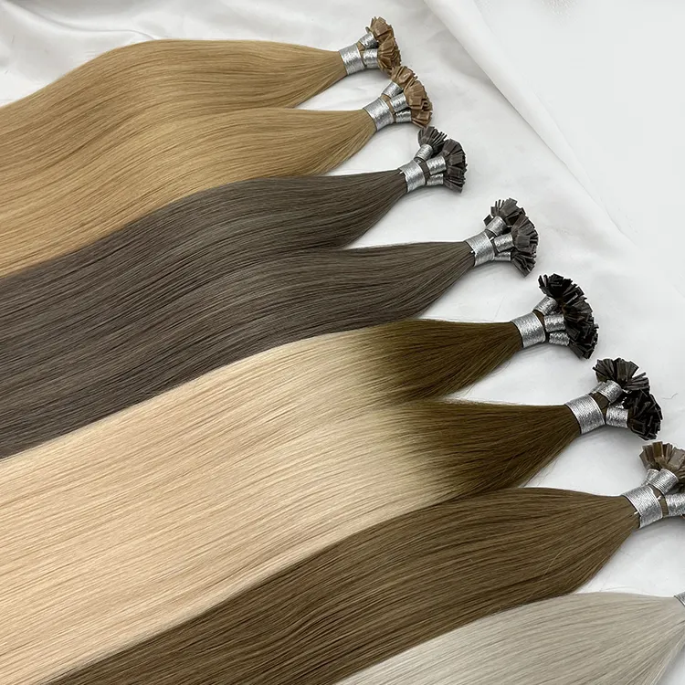 Serviço OEM Personalização de fábrica Cabelo loiro I-tip pré-ligado Queratina humana russa I extensões de cabelo humano de ponta plana