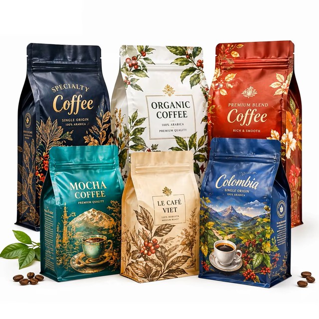 Custom Abstract Coffee Bag With Valve Stand up Pouch Modern Printed Whole Bean Coffee Packaging Supplier