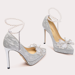 OEM/ODM büyük boy gümüş kadın kayma-on nedime düğün topuklu sivri içi boş sandalet rahat - Product Image 5