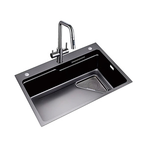 Fregadero de Cocina de Una Sola Cubeta Tipo Estación de Trabajo 760x480mm de Acero Inoxidable 304 Negro Nano con Diseño Trapezoidal de Grano de Arroz, Incluye Grifo de Lluvia - Product Image 2