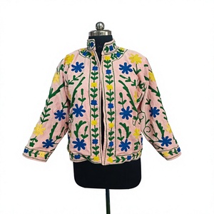 Veste pour femme brodée de fleurs roses, en coton, style Suzani, manches longues, col montant, automne-hiver - Product Image 1
