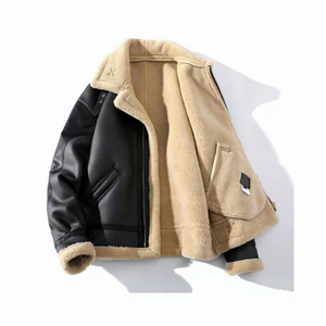 Veste en cuir véritable noir pour homme, doublure en fourrure beige, manteau aviateur en peau de mouton B3, veste bomber personnalisée, vêtement d'extérieur chaud et épais pour l'hiver - Product Image 1