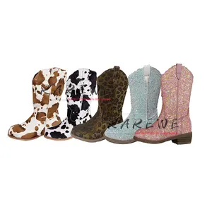 Customizable Cute Leopard Cow Printed Kid Girl Heel Shoes Toddler Cowgirl Boots