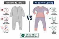 Romper Bayi OEKO-TEX Bambu Custom Tanpa Resleting Tanpa Kancing Kain Bambu Bergaris Jumpsuit Bukaan Depan CPC Lapisan Dasar Bayi G-tube