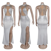 GX3127 Mode 2023 Robe longue de soirée sexy, sans manches, avec strass et patchwork en maille, fendue, pour boîte de nuit