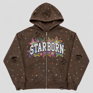 OEM French Terry Zip Hoodie 500Gsm Vintage Wash Oversized Rhinestone Graphic Distressed Custom Logo High Quality Men Hoodie - Product Image 2