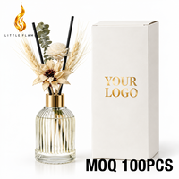 Diffuseur de parfum d'ambiance élégant LF, bouteille en verre cannelé doré, fleurs de blé séchées, bâtonnets noirs, boîte cadeau blanche, logo personnalisé