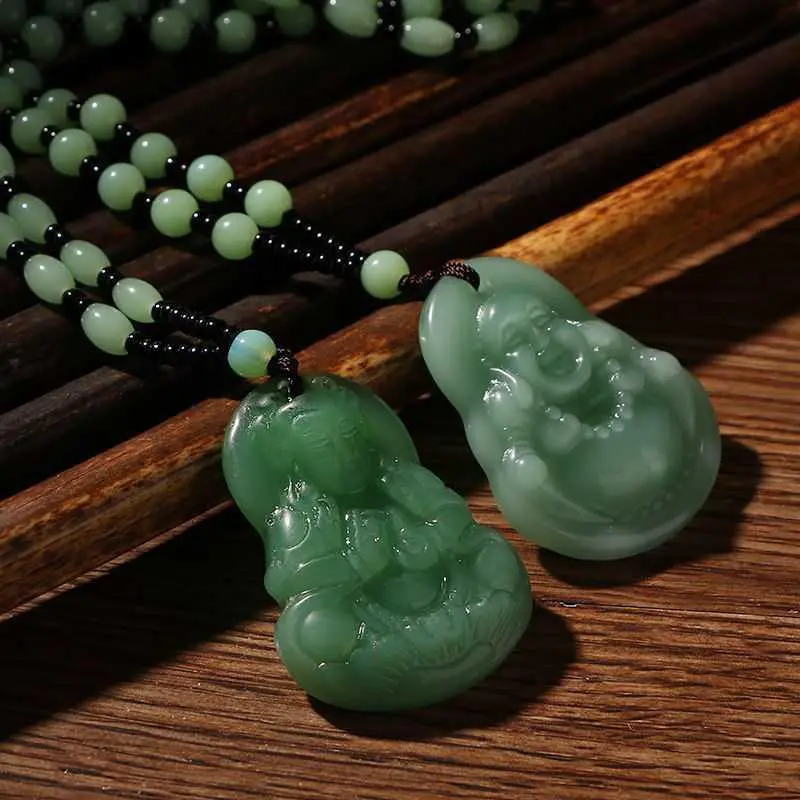 Collana con ciondolo a catena con rosario Maitreya Buddha in giada verde di alta qualità per coppia