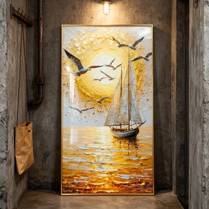 Peinture murale moderne pour salon, décoration d'entrée, peinture de paysage doré, art mural LED, peinture en porcelaine cristalline - Product Image 1