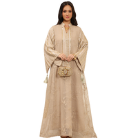 Robe longue Abaya Kaftan pour femmes musulmanes, en polyester, avec broderie florale, décorations à pompons, manches évasées, col en V, pour adultes.
