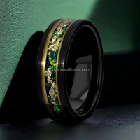 Bague en tungstène noir 8 mm avec émeraude verte, incrustation de feuille d'or malachite, ligne dorée plate, alliance pour homme