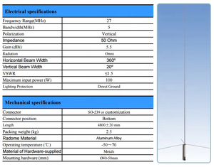 เสาอากาศไฟเบอร์กลาสสำหรับสถานีฐาน 26-28Mhz / เสาอากาศไฟเบอร์กลาสสำหรับวิทยุ CB แบบติดตั้งภายนอกอาคาร - Product Image 5
