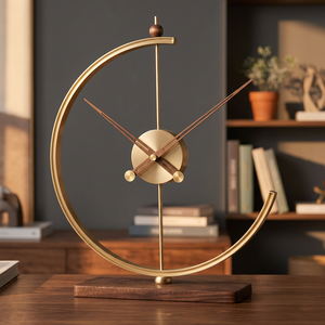 Modern Metal Abstract <b>Table</b> <b>Clock</b> with Wooden Base Decorative Desk <b>Clock</b> Home Décor Accent for Living Room Office and Bedroom Ar - Product Image 2