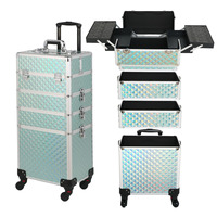Valise de maquillage à roulettes, grande capacité, chariot de rangement cosmétique 4 en 1, valise de maquillage avec roulettes pivotantes, valise de salon de coiffure