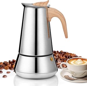 Stainless Steel Moka Pot <b>Stove</b> <b>Top</b> <b>Coffee</b> <b>Maker</b> with Wooden Look Handle - Product Image 1