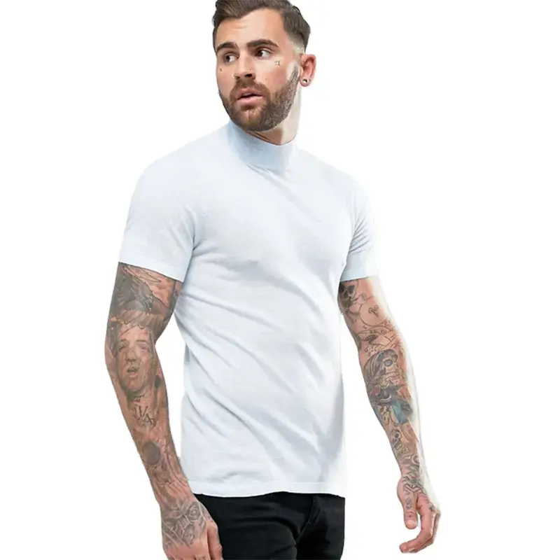 Nouveau design mode col haut haut tricoté à manches courtes col roulé en Muscle mens Fit bleu pâle marque t-shirts vierges pour hommes