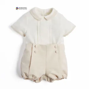 Yüksek kalite moda bebek giyim seti düz Pleats bebek çocuk bej olgunlaşanlar ve keten gömlek seti yaz kısa elbise