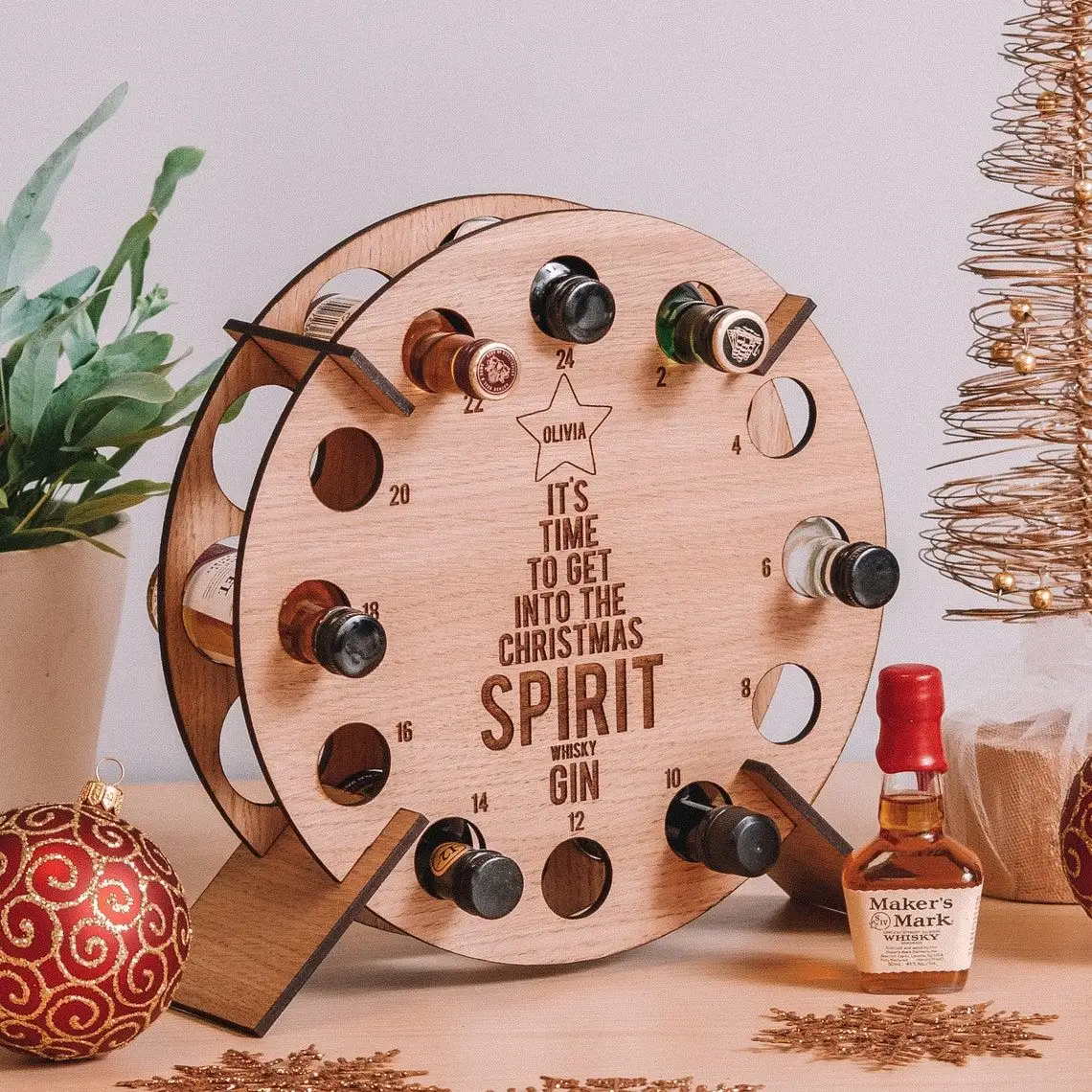 2023 Mini Wine Bottle Rack Christmas Countdown Tree Wooden Santa Advent Calendar Christmas Decorations