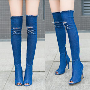 <span class=keywords><strong>Bottes</strong></span> hautes en Denim à bout ouvert pour femme, prix d'usine, au dessus du genou, nouvelle collection - Product Image 4