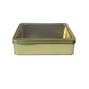 Kunden spezifische rechteckige goldene Dosen mit PVC klare Fenster deckel, Metall leere Blechdose-Box für Keks Süßigkeiten Verpackung, Großhandel