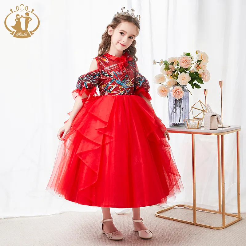 Wendbare Lovertjes Geappliceerd Rode Bloem Meisjes Trouwjurken Peuter Kids Pageant Party Lange Japon Baby Comunion Kleding Baljurk