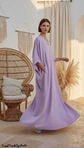 Women's Lavender Linen Maxi Caftan Regular Fit V-Neck Boho Lounge <b>Dress</b> Party Wear Knitted Fabric Eco-Friendly <b>Belt</b> B2B - Product Image 3