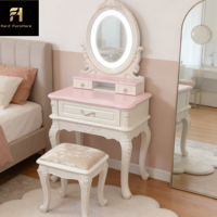 Coiffeuse de luxe française en bois sculpté rose pour chambre de fille, style médiéval européen, avec miroir LED tactile
