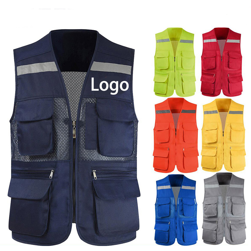 Tùy chỉnh người đàn ông lưới Hi VIS phản quang vest Áo khoác bảo hộ lao động Áo sơ mi xây dựng quần áo an toàn làm việc phản chiếu vest với Túi Logo