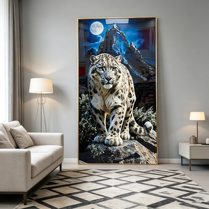 Luxury Snow Leopard Wall Art Full Moon Mountain Scene Wild Animal Wall Crystal Porcelain Painting LED Living Room Home Decor - Product Image 1