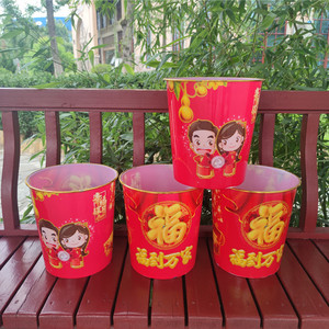 Red Plastic Trash Can Cylindrical Gold Rim Decorative Indoor Outdoor Waste <b>Bin</b> For <b>Bathroom</b> Festival Use - Product Image 3