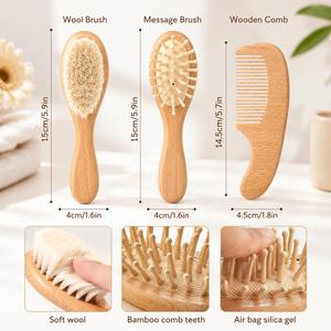 Ensemble de 3 brosses et peignes pour bébé personnalisés gravés, modernes et multifonctionnels pour filles et garçons, brosse à cheveux en bois doux, cadeau pour nouveau-né - Product Image 5